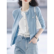 批发大码蓝色假两件针织开衫女2025秋季新款胖mm宽松显瘦洋气长袖上衣