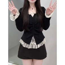 批发大码胖mm纯欲<b class='q'>蕾丝</b>拼接假两件<b class='q'>长袖</b>T恤女秋季遮肉显瘦洋气减龄<b class='q'>上衣</b>
