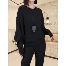 批发大码女装黑色蝙蝠袖圆领针织衫秋季新款胖mm显瘦<b class='q'>宽松</b>小衫长袖上衣