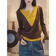 批发纯棉假两件打底长袖T恤女秋季<b class='q'>大码</b>微胖MM巨好看韩版修身内搭上衣