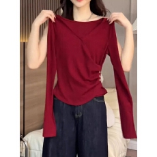 批发纯棉设计感V领正肩长袖T恤女秋季<b class='q'>大码</b>胖MM修身打底衫显瘦内搭上衣