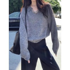 批发慵懒风灰色V领长袖<b class='q'>针织衫</b>女秋季新款大码宽松百搭高级感毛衣上衣