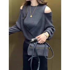 批发大码假两件镂空长袖<b class='q'>针织衫</b>女2025新款秋季高级感时尚洋气露肩上衣