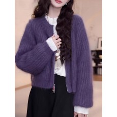 紫色拉链针织开衫女秋季新款大码胖mm慵懒风软糯显瘦毛衣外套上衣