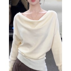 批发不规则荡领针织衫女秋2025新款<b class='q'>大码</b>胖MM收腰修身显瘦长袖打底上衣