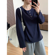 批发藏青色打底衫长袖T恤女秋季大码<b class='q'>胖</b><b class='q'>mm</b><b class='q'>宽松</b>显瘦休闲慵懒风百搭上衣
