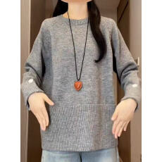 批发大码设计感卷边长袖灰色针织毛衣女秋冬2025新款宽松显瘦内搭上衣