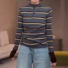 批发小香风条纹纽扣立领<b class='q'>长袖</b>针织衫女秋冬大码胖MM毛衣内搭打底衫上衣