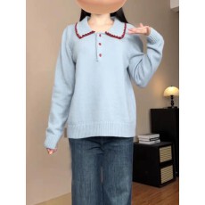 批发大码温柔翻领撞色毛衣女秋冬胖mm显瘦高级感洋气针织打底衫上衣