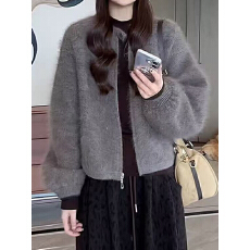 批发大码<b class='q'>女装</b>毛绒感一粒扣拉链毛衣外套秋季新款胖mm宽松显瘦针织上衣