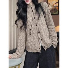 批发老钱风麻花针织<b class='q'>开衫</b>女2025冬季大码胖mm立领扣子毛衣显瘦打底上衣