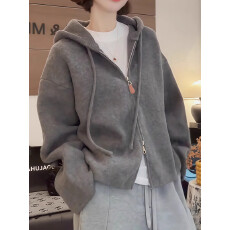 批发大码胖mm灰色连帽拉链<b class='q'>开衫</b>毛衣外套女秋冬新款宽松慵懒风针织上衣