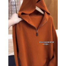 大码软糯橘色半拉链连帽针织衫女2025秋冬款胖mm显瘦气质毛衣上衣