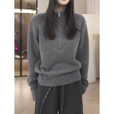 批发<b class='q'>韩版</b>半拉链立领针织衫女秋冬大码胖mm灰色慵懒风宽松减龄长袖上衣