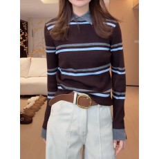 批发<b class='q'>大码</b>翻领撞色条纹针织衫女秋冬2025新款高级感毛衣内搭打底衫上衣