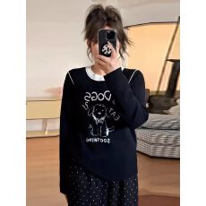 批发<b class='q'>大码</b>女领口撞色小狗印花长袖针织衫秋季微胖mm显瘦内搭打底衫上衣