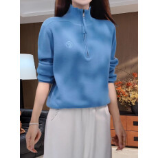 批发<b class='q'>韩版</b>温柔风蓝色半拉链高领针织衫女秋冬大码胖MM宽松长袖显瘦上衣