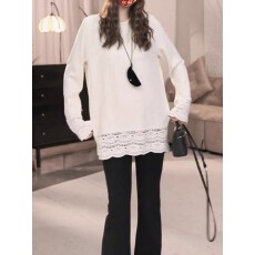 批发大码<b class='q'>蕾丝</b>花边拼接双面德绒长袖T恤女秋冬季新款宽松中长款<b class='q'>打底衫</b>