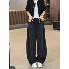 批发深灰色条纹阔腿<b class='q'>裤</b>子女2025新款秋冬季大码胖MM显瘦宽松休闲弯刀<b class='q'>裤</b>
