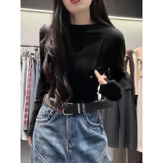 批发<b class='q'>大码</b>不规则黑色内搭打底衫长袖t恤女秋冬季胖MM显瘦修身气质上衣