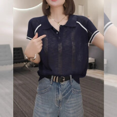 批发大码女装韩系polo领针织短袖t恤夏季<b class='q'>薄款</b>胖mm遮肚子显瘦镂空上衣