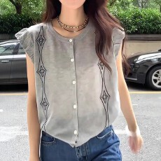 批发韩系时尚菱格设计小飞袖上衣夏季大码<b class='q'>胖</b><b class='q'>MM</b><b class='q'>显瘦</b>遮肉洋气百搭T恤衫