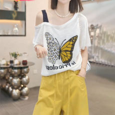 批发大码时尚休闲百搭气质斜肩上衣女2026年夏季新款宽松<b class='q'>薄款</b>短袖T恤