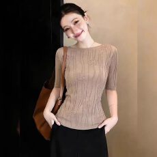 批发设计感小众别致绝美提花<b class='q'>中袖</b>针织衫女夏大码胖MM修身显瘦百搭上衣