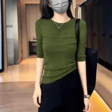 批发绿色圆领五分袖针织衫短袖女夏季大码微胖MM显瘦修身气质<b class='q'>中袖</b>上衣