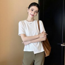 批发独特超好看白色短袖纯棉T恤女夏2026新款大码胖mm<b class='q'>不规则</b>遮肚上衣
