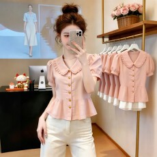 批发大码超火减龄娃娃领短袖衬衫女2026夏新款<b class='q'>胖</b><b class='q'>mm</b>设计感收腰遮肚上衣