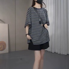 韩系休闲风撞色条纹纯棉短袖T恤女夏季大码胖mm宽松百搭显瘦上衣