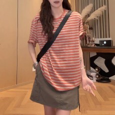 批发慵懒风宽松条纹纯棉短袖T恤女夏季2026新款大码<b class='q'>胖</b><b class='q'>MM</b>超火减龄上衣