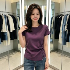 批发掐腰设计感紫色纯棉短袖T恤女夏季大码<b class='q'>胖</b><b class='q'>MM</b>显瘦独特漂亮扭结上衣