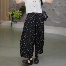 批发黑色波点阔腿裤女夏薄款2026新款大码胖mm宽松显瘦<b class='q'>九分</b>休闲弯刀裤