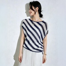 批发<b class='q'>韩版</b>撞色条纹薄款蝙蝠袖针织衫女夏季大码胖MM收腰显瘦高级感上衣