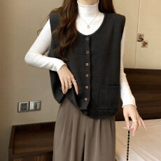 批发大码深灰色洋气针织马甲外穿女秋季胖mm宽松显瘦无袖马夹坎肩外套