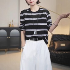 批发欧货条纹针织衫长袖t恤女早秋薄款大码胖MM防晒罩衫宽松休闲上衣