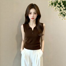 批发法式老钱风翻领坎肩无袖针织背心女夏季大码胖MM显瘦气质内搭上衣