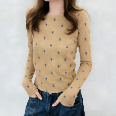 批发撞色印花圆领长袖网纱T恤女2026秋季大码胖MM轻薄休闲打底衫上衣