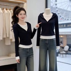 韩版撞色假两件连帽长袖t恤女2026秋季大码胖MM修身显瘦气质上衣