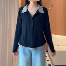 批发<b class='q'>大码</b>假两件翻领纯棉长袖T恤女2026秋胖mm宽松内搭外穿打底衫上衣