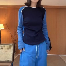 批发高级感插肩袖纯棉长袖t恤女2026秋季<b class='q'>大码</b>胖MM拼色上衣内搭打底衫