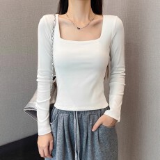 批发简约通勤休闲纯棉方领长袖T恤女秋季<b class='q'>大码</b>胖mm显瘦内搭打底衫上衣