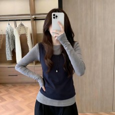 批发假两件正肩长袖T恤女2026新款秋<b class='q'>大码</b>胖mm遮肉显瘦打底衫内搭上衣