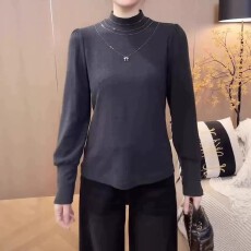 批发韩版重工烫钻半高领长袖T恤<b class='q'>女</b>秋季大码胖MM气质显瘦内搭打底上衣