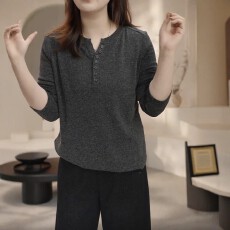 批发通勤风半开V领正肩长袖t恤女2026秋季<b class='q'>大码</b>胖mm宽松内搭打底衫上衣