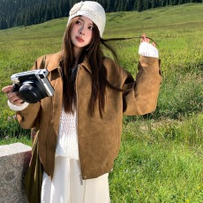 批发美拉德复古麂皮夹克外套女秋季新款高端小翻领宽松休闲显瘦上衣潮