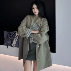 批发高级感气质慵懒风设计感双面穿格纹立领质感风衣外套女中长款上衣