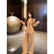 批发通勤穿搭套装卡其色西装外套女装秋季阔腿裤长裤高级感气质两件套